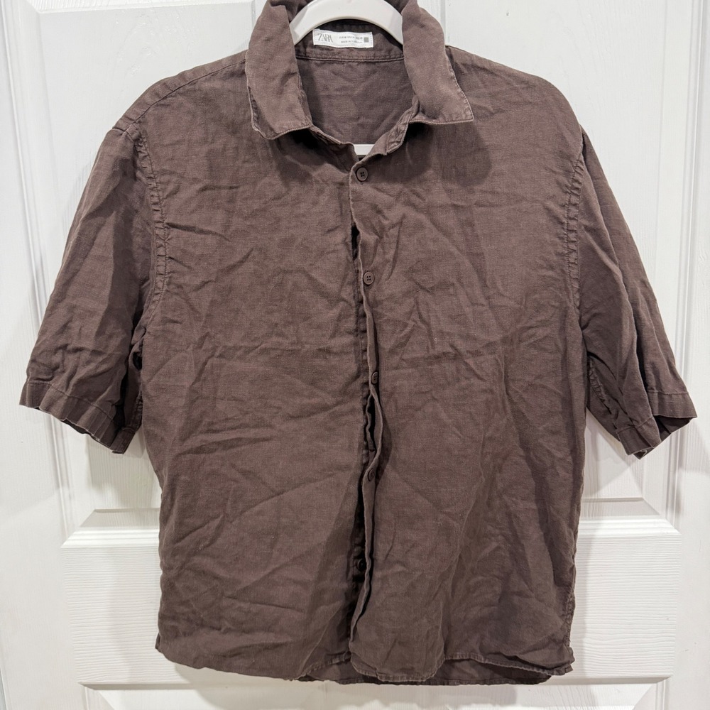 Zara Man 100% Linen Short Sleeve Button Down Shirt Brown Medium 5679/876/904/M